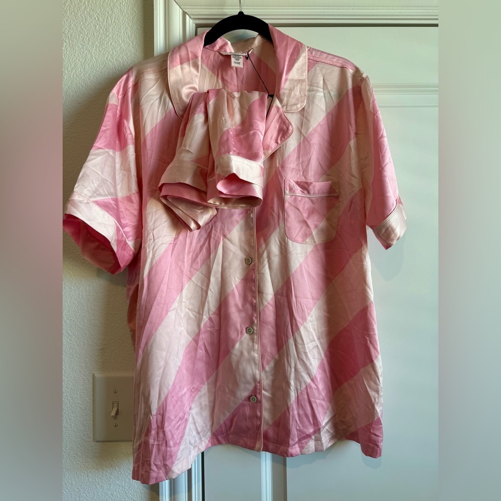 Victoria secret pajama top and shorts. Pink Striped Button-Up Shirt. - Picture 2 of 2